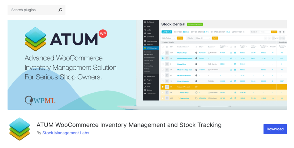 ATUM WooCommerce inventory management plugin banner showing inventory management dashboard on laptop, advertising advanced stock tracking for serious online shop owners.