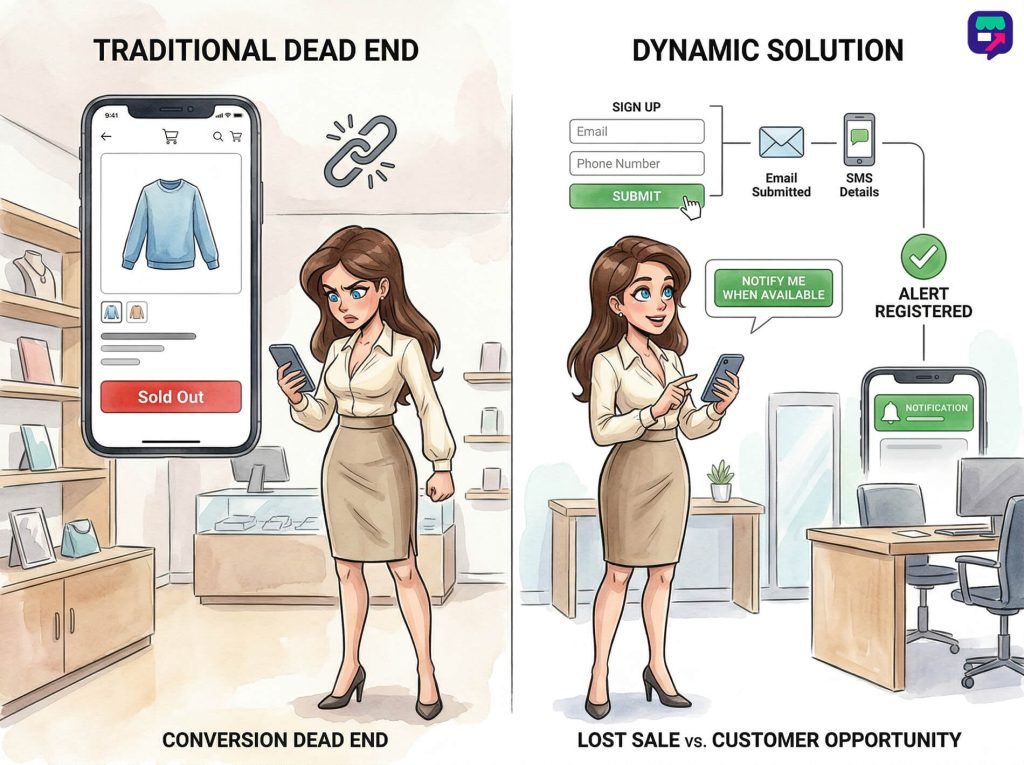 back-in-stock-notification-01 - Store Owner Tips A frustrated customer in a boutique sees a sold-out product on her phone, blocked from buying and leaving disappointed, while a smiling customer signs up for restock alerts on her phone, registering email and phone to receive a notification when available.