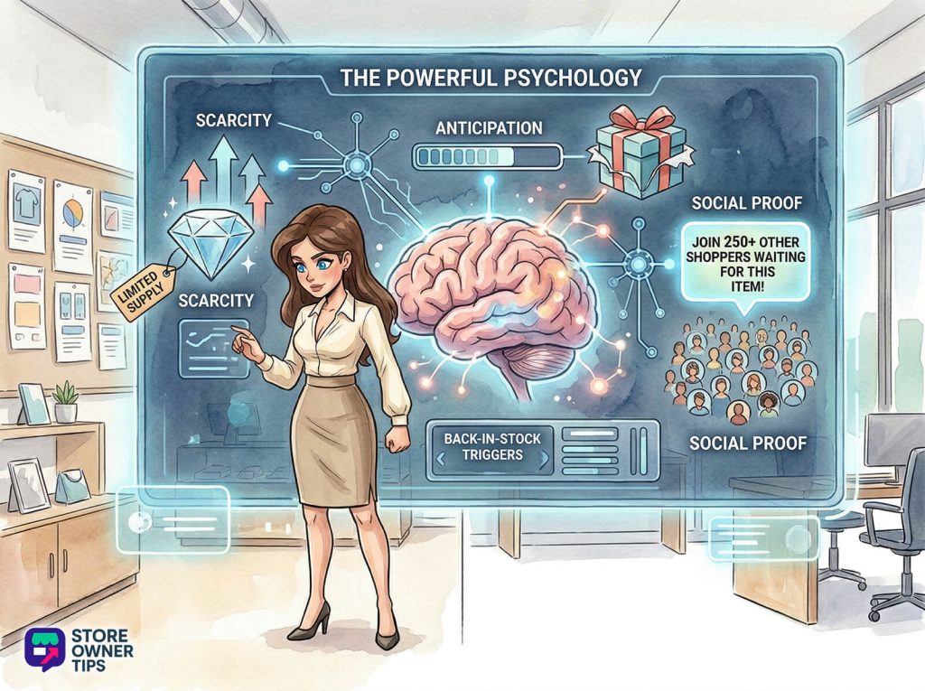 back-in-stock-notification-02 - Store Owner Tips Businesswoman presents a glowing holographic display of a brain and marketing psychology concepts—scarcity, anticipation, social proof—inside a modern office setting.