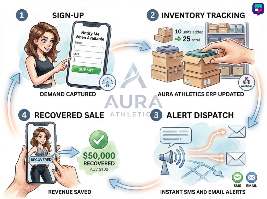 back-in-stock-notification-03a - Store Owner Tips Illustrated four-step flow for Aura Athletics: customer sign-up captures demand, inventory updated, SMS and email alerts sent, recovered sale saves ,000.