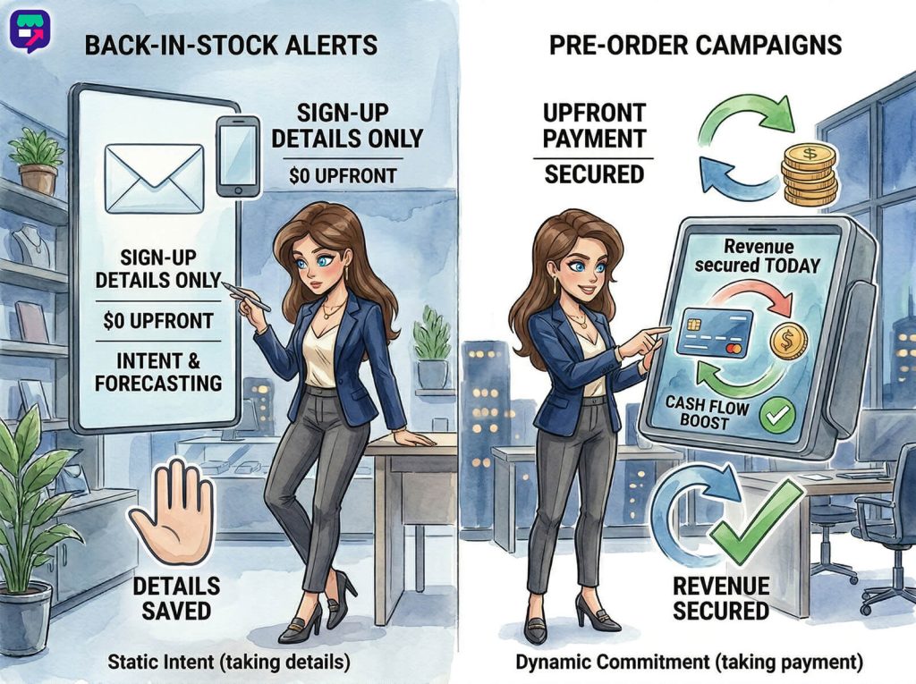 back-in-stock-notification-04 - Store Owner Tips A businesswoman collecting sign-up details on a device for back-in-stock notifications, saving customer info with zero upfront payment for forecasting, while another is securing upfront payments via pre-order campaigns on a tablet, boosting cash flow and locking revenue immediately.