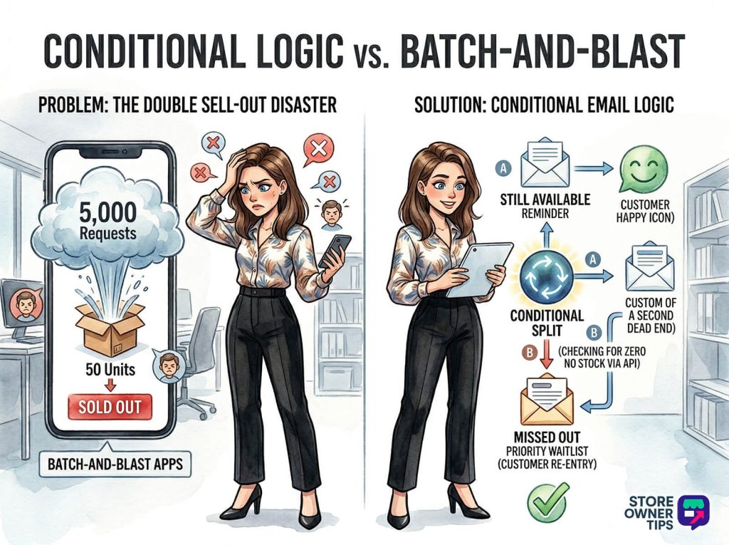 back-in-stock-notification-05 - Store Owner Tips Stressed store owner viewing 5,000 requests on her phone while only 50 units sell out, illustrating batch-and-blast email failure, while a relieved store owner uses tablet with conditional email logic flow, sending reminders, waitlist notices, and API checks to prevent double sell-outs.