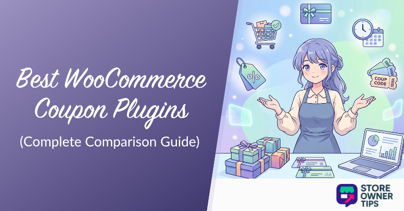 Hero illustration for an article: a smiling woman with gifts and ecommerce icons, titled 'Best WooCommerce Coupon Plugins'.