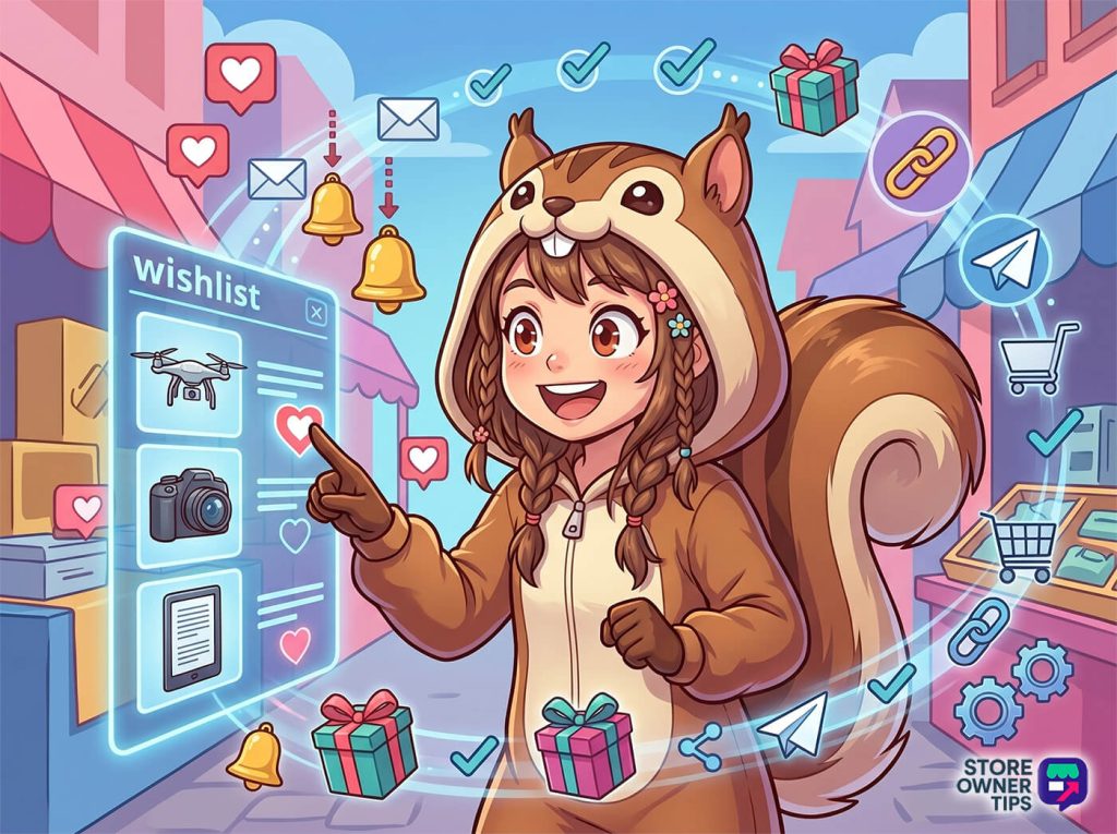 Young girl in a squirrel onesie excitedly taps a holographic wishlist in a lively marketplace, surrounded by gift, notification, and shopping icons.