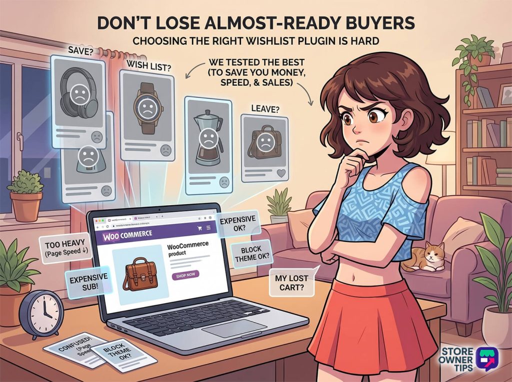 Worried shop owner studies a WooCommerce product on laptop while floating sad product cards and worries about speed, cost and lost carts surround her.