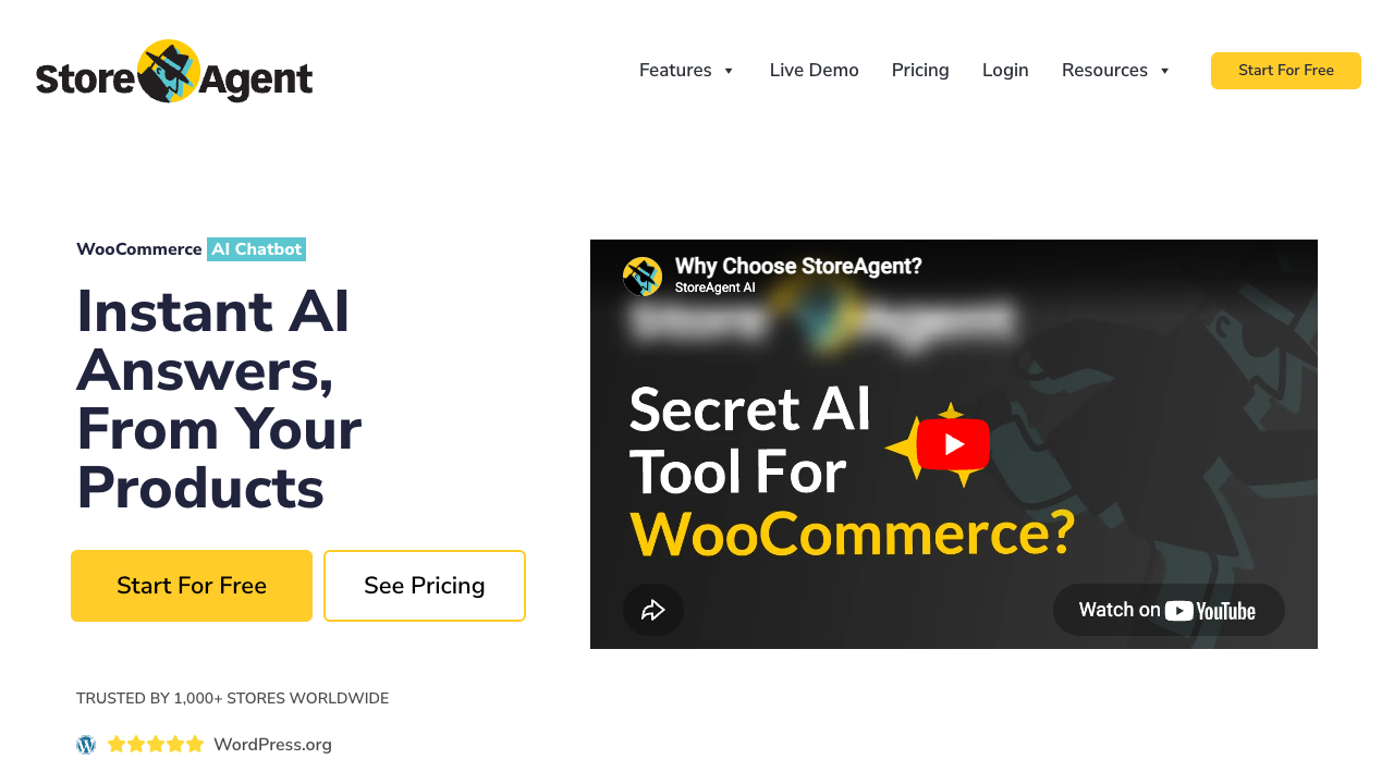 StoreAgent AI WooCommerce chatbot plugin page showing instant AI answers feature