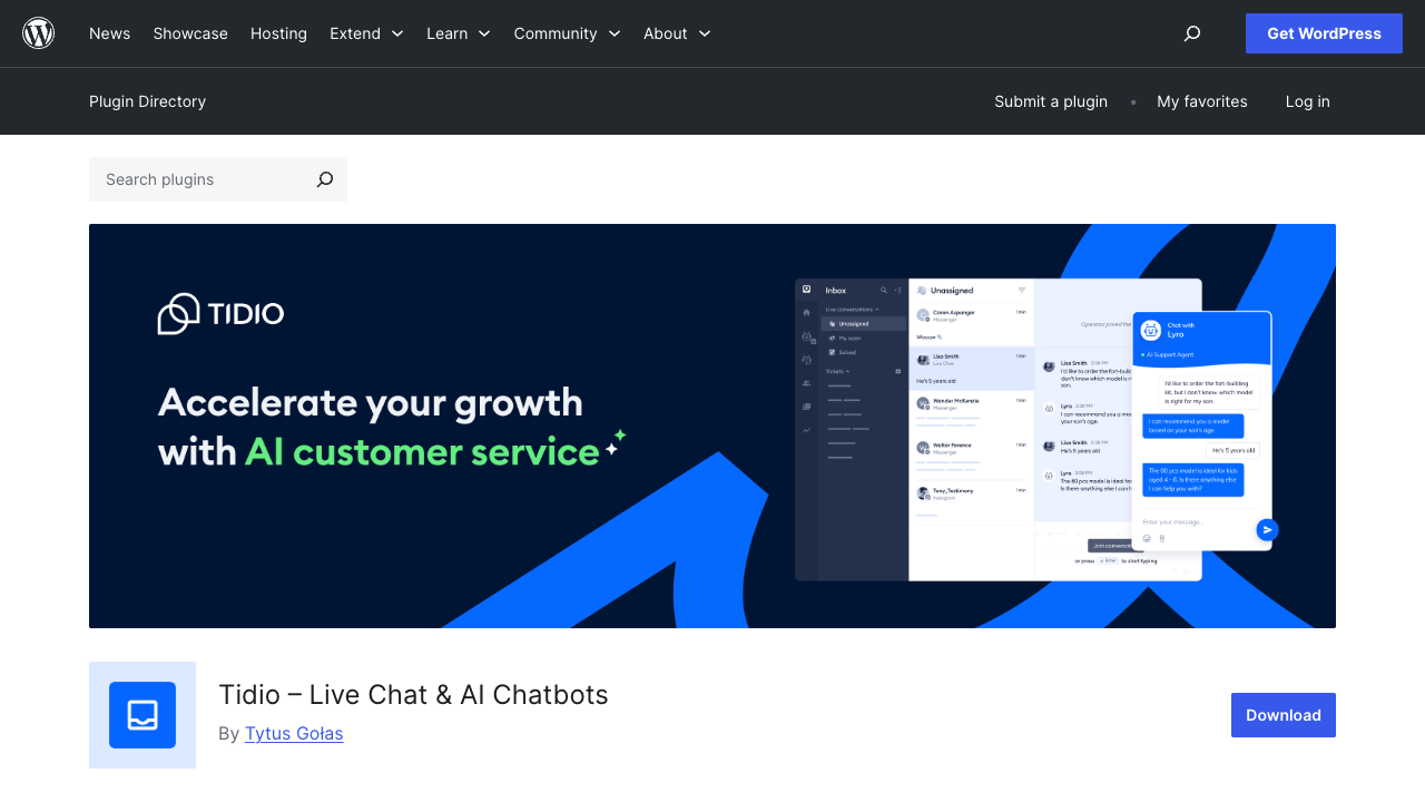 Tidio live chat and AI chatbot plugin on WordPress.org with 80000 installs