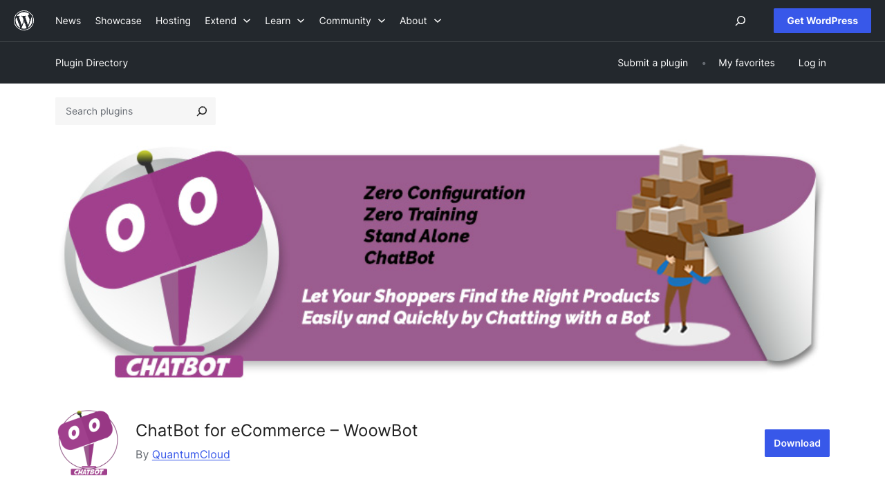 WoowBot WooCommerce chatbot plugin page on WordPress.org