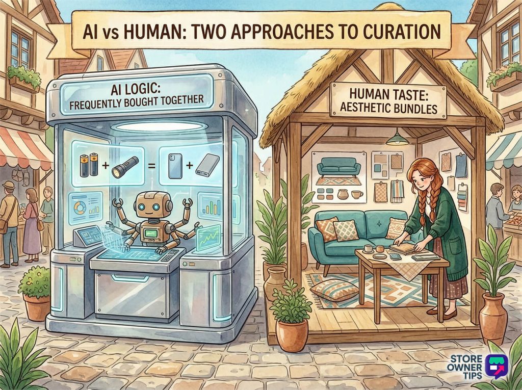 A friendly robot inside a glass kiosk analyzes purchase data, combining commonly bought items into product suggestions, surrounded by holographic charts and icons, while a woman curates an aesthetic home display in a cozy wooden stall, arranging textiles and decor near a teal sofa and patterned rugs.