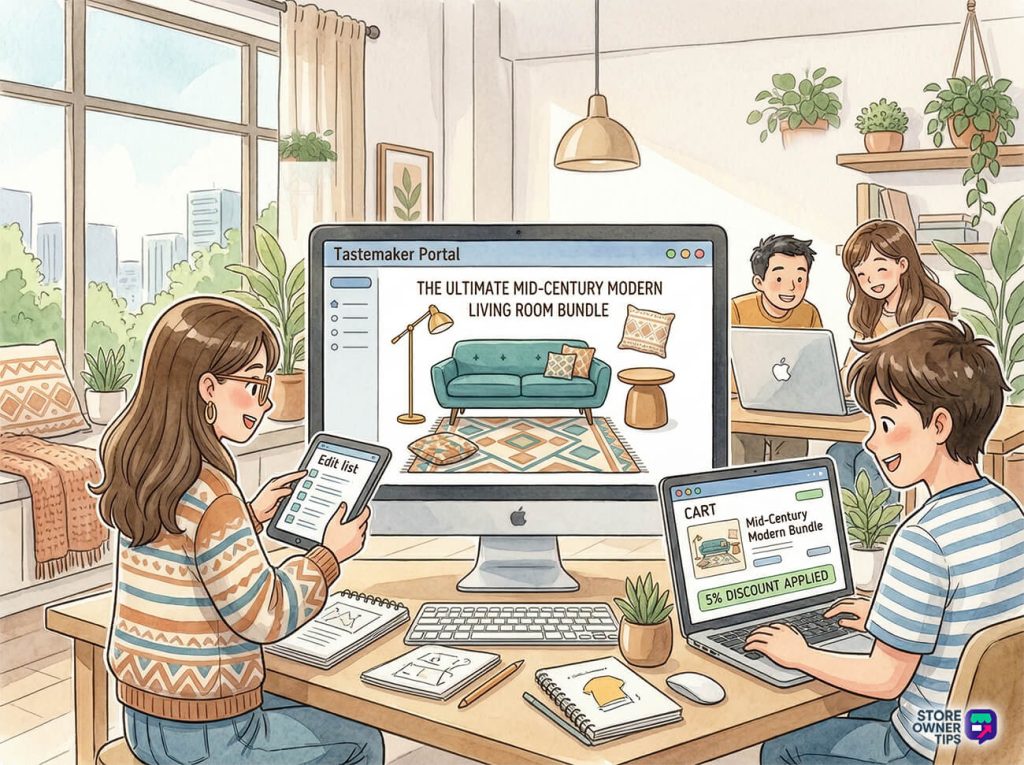 Team collaboratively curates and purchases a mid-century modern living room bundle, reviewing product details on a large monitor while editing lists and checking out.