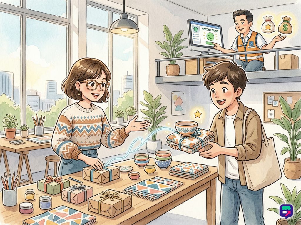 A friendly shopkeeper wraps handmade ceramics and textiles at a sunny studio counter while a smiling customer accepts the packaged gift.