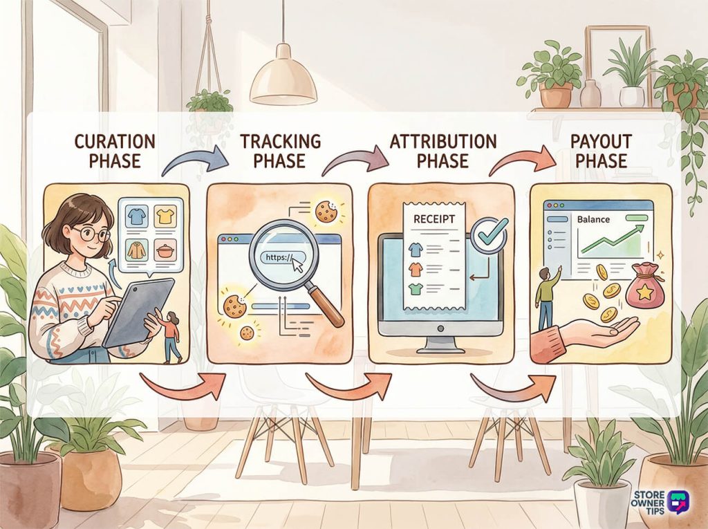 Cozy pastel infographic showing a shop owner curating products, tracking cookies, attributing sales via receipts, then receiving payouts displayed as rising balance and coins.