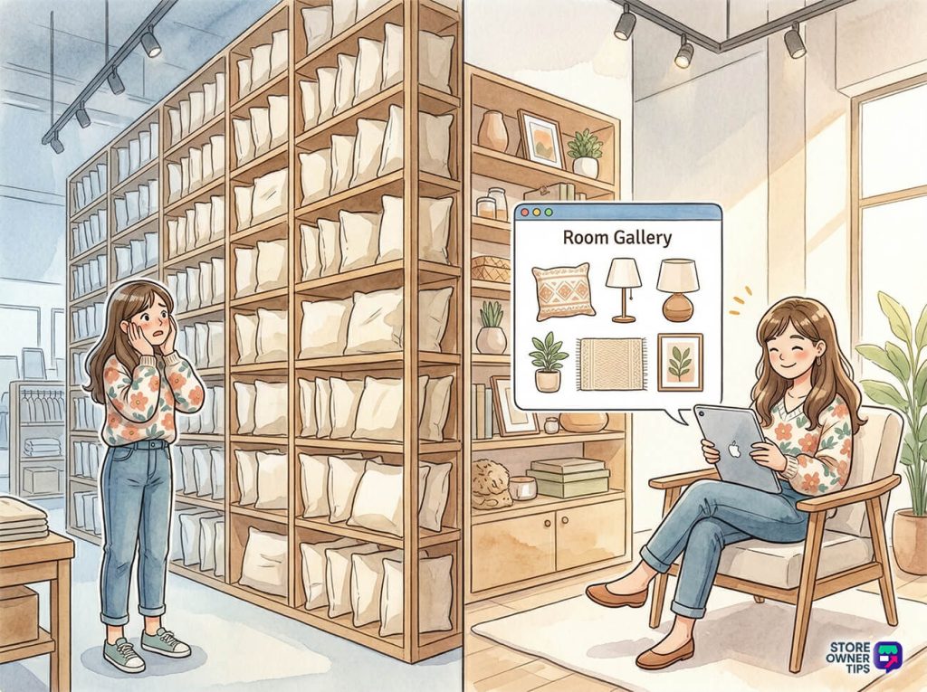 Woman in a crowded home-goods store stands overwhelmed, staring at towering shelves filled with stacks of identical pillow packages, while a smiling woman relaxes in a cozy chair, browsing a tablet Room Gallery of pillows, lamps, plants, and decor to design her space.