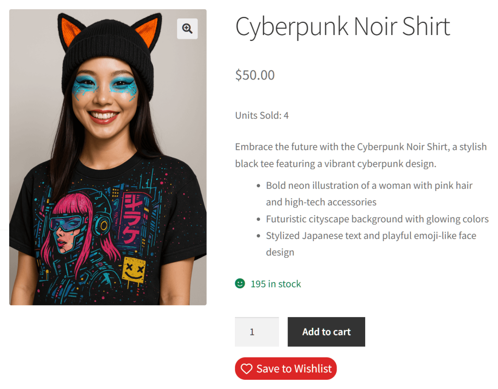 E-commerce product shot of a model showcasing a black Cyberpunk Noir shirt with pink-haired graphic, glowing colors, playful Japanese text, priced at fifty dollars.