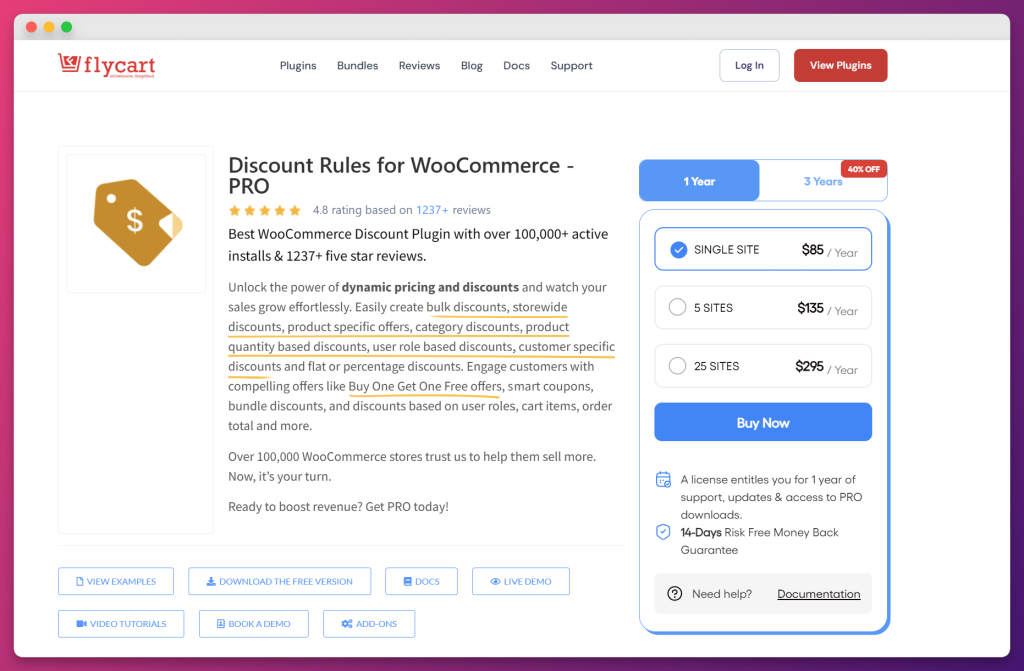 Flycart Discount Rules for WooCommerce product page with pricing and feature summary