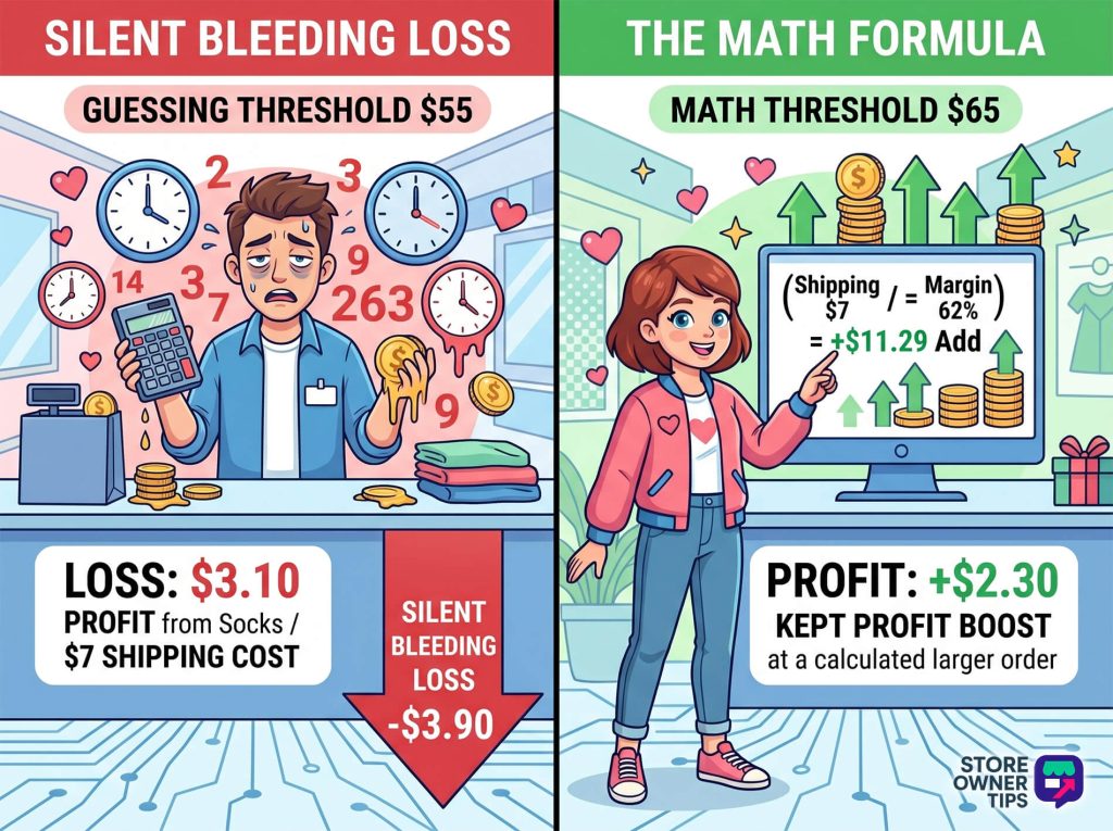 free-shipping-threshold-1 - Store Owner Tips Split infographic showing a stressed man overwhelmed by time and money on the left, labeled Silent Bleeding Loss, and a smiling woman presenting a math-based profit on the right.