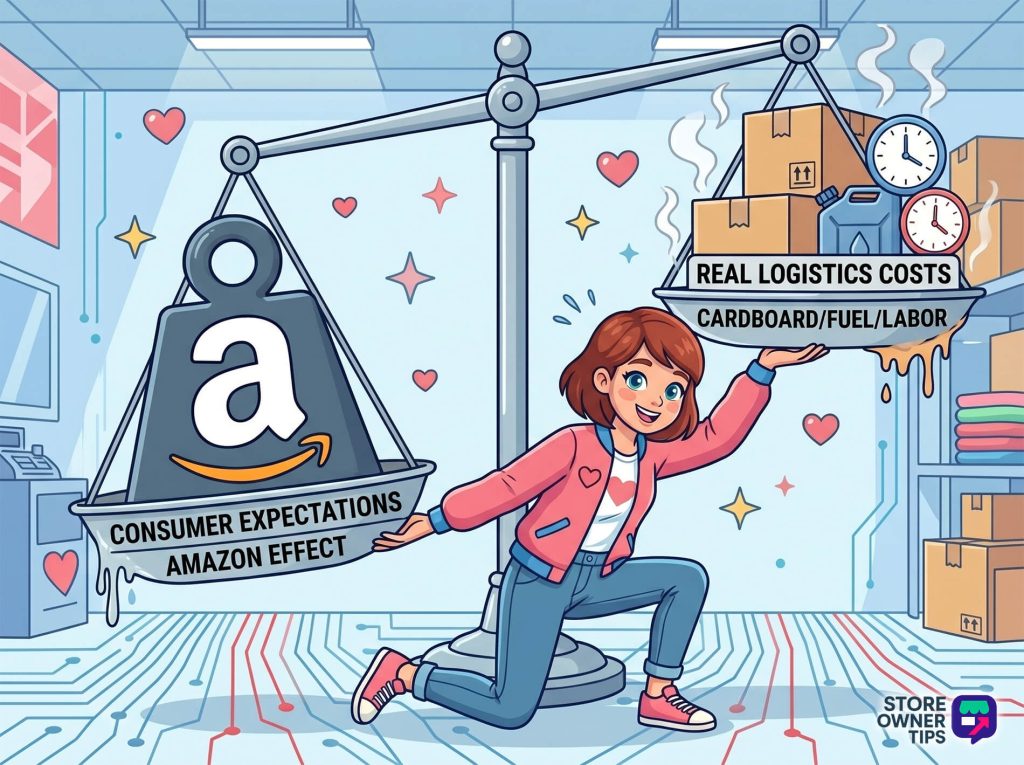 free-shipping-threshold-2 - Store Owner Tips Cartoon showing a person balancing cardboard boxes labeled ‘Real Logistics Costs’ with references to consumer expectations and Amazon effect on a balance scale inside a store setting