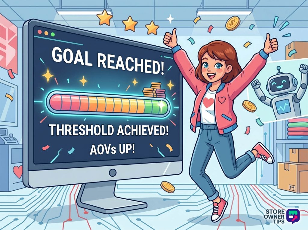 free-shipping-threshold-3 - Store Owner Tips Cartoon girl celebrating beside a computer monitor that reads'Goal Reached!' with coins and a happy robot nearby
