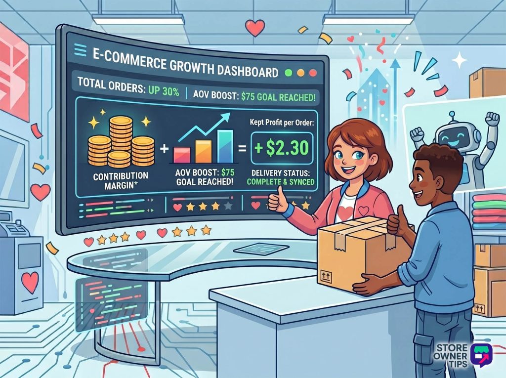 free-shipping-threshold-four-a - Store Owner Tips E-commerce growth dashboard scene showing rising orders, profit and celebration with coins and a bar chart. Two coworkers hold a package as a large monitor displays metrics like orders up 30% and goal reached.