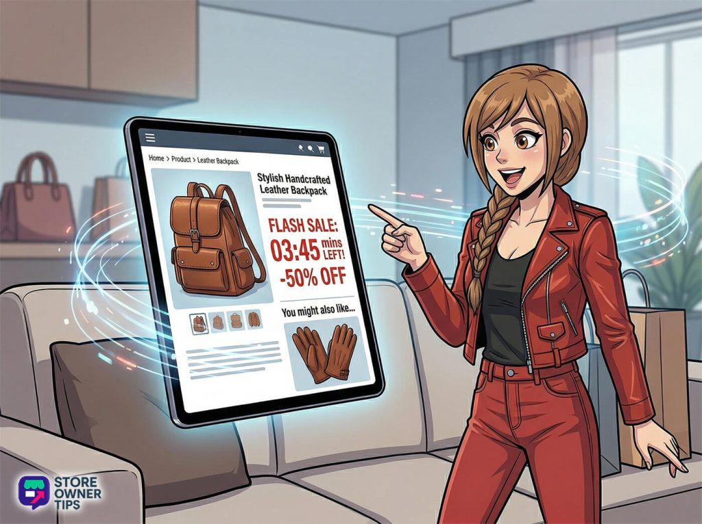 impulse-purchase-0 - Store Owner Tips Illustration of a modern shopper standing in a living room, excitedly pointing at a floating digital tablet that displays a flash sale countdown and targeted product recommendations.