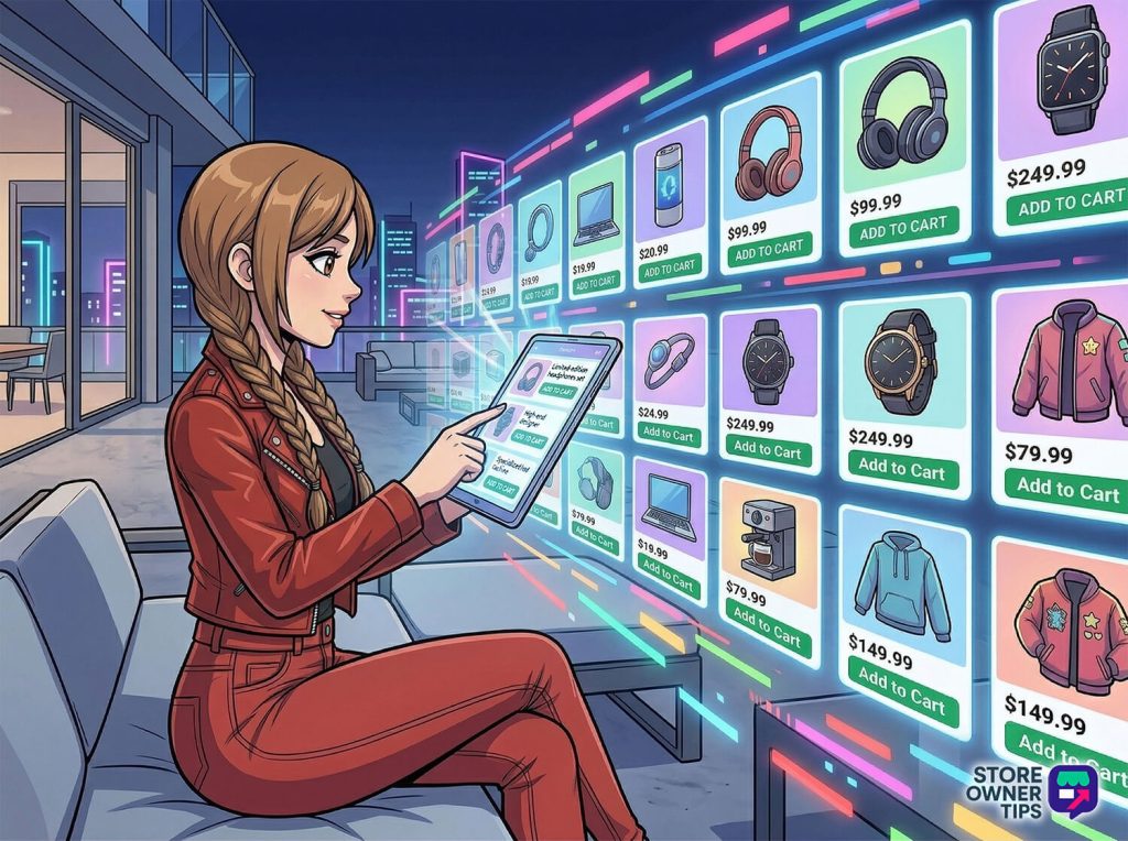 impulse-purchase-1 - Store Owner Tips Young woman in red outfit sitting on a couch using a tablet to browse futuristic floating product listings on a neon-lit balcony.