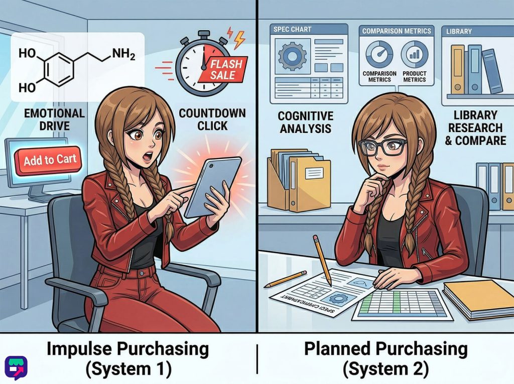 impulse-purchase-2 - Store Owner Tips A side-by-side comparison infographic illustrating the emotional, fast decision of impulse buying versus the rational, researched approach of planned purchasing.