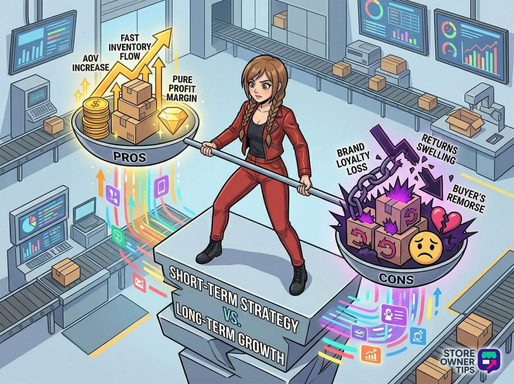 impulse-purchase-3 - Store Owner Tips Illustration of a modern business owner carefully balancing a scale loaded with e-commerce profit icons (Pros) and return/remorse icons (Cons).