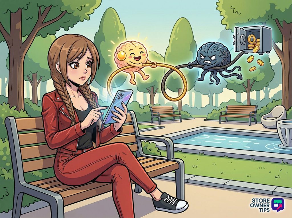 impulse-purchase-4 - Store Owner Tips Illustration of an emotional shopper (braided, red jacket) on a park bench, her internal psychological tug-of-war represented by floating, brain-inspired micro-characters.