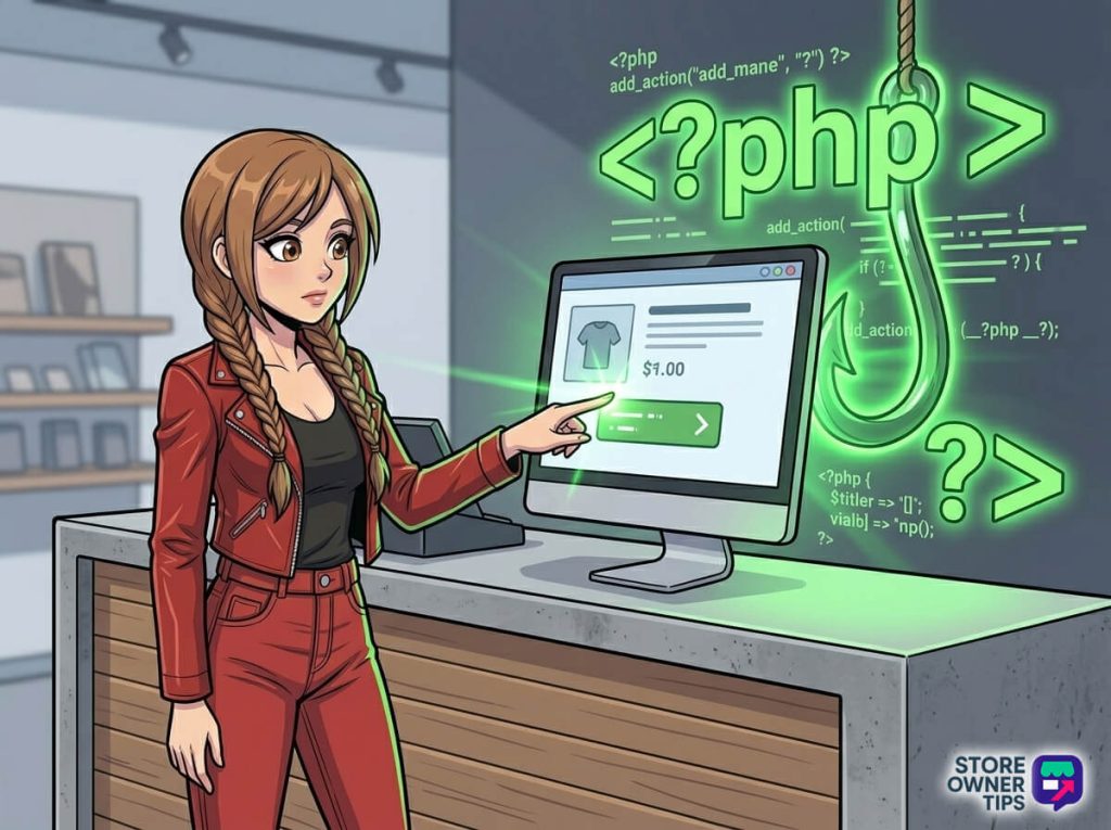 impulse-purchase-5 - Store Owner Tips Standard illustration of a modern consumer about to click "Add to Cart" on a monitor, an exaggerated, glowing, green PHP hook visible in the backend as an invisible code tripwire.