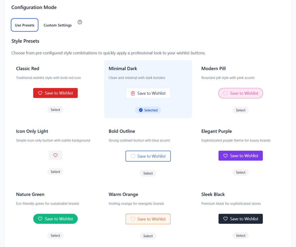 Settings panel displaying multiple wishlist button style presets in a grid, with 'Minimal Dark' preset highlighted and selected in light blue.
