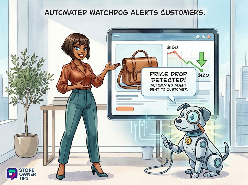 Smiling store owner presents a robotic watchdog alerting customers to a detected price drop on a product, displayed on a large screen.