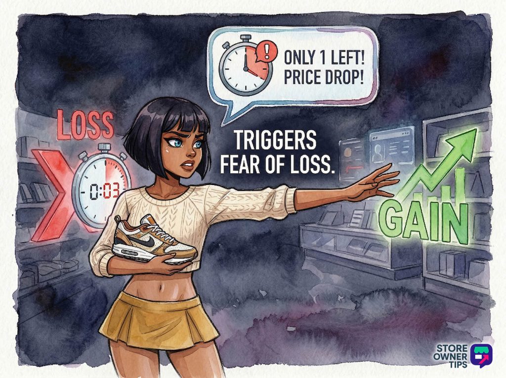 A young woman in a store clutches sneakers, reaching toward a green rising 'GAIN' arrow while urgent 'only one left' timer triggers fear of loss.