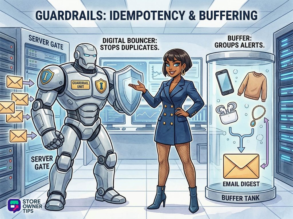 Armored 'Guardrail' robot blocking duplicate emails at a server gate while a confident woman shows a buffer tank grouping alerts into an email digest.