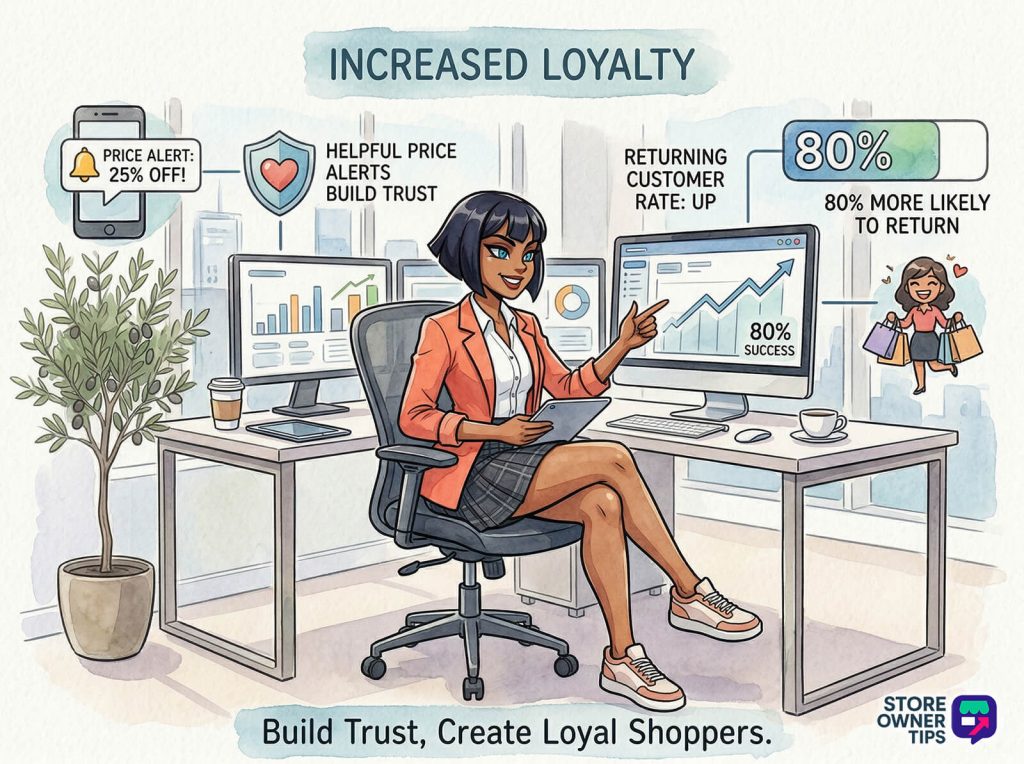A confident marketing analyst points to rising loyalty charts on her monitors, illustrating price alerts and an 80% returning customer rate.