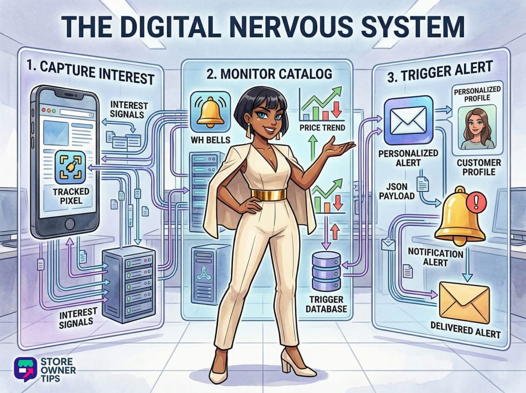 Woman in white suit stands before three-panel infographic showing digital system capturing interest, tracking catalog trends, and triggering personalized alerts.