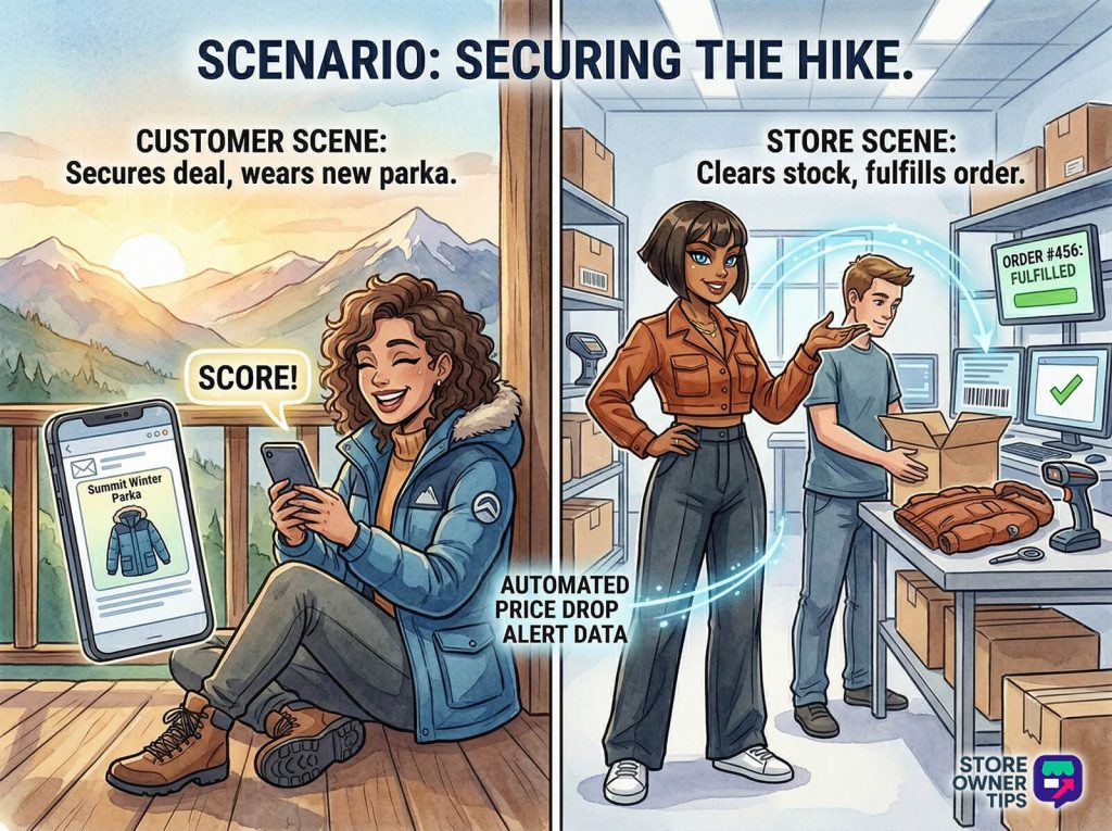 Smiling woman sits on a mountain cabin deck at sunrise, checking her phone after scoring a discounted Summit Winter Parka deal, while a retail worker and owner in a warehouse pack and fulfill an order, using automated price-drop alerts to clear stock efficiently.