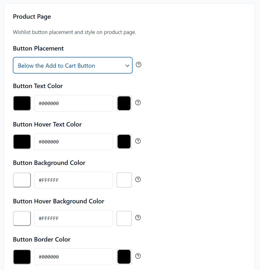 Settings interface with dropdown selecting 'Below the Add to Cart Button' and multiple color fields displaying hex codes #000000 and #FFFFFF.
