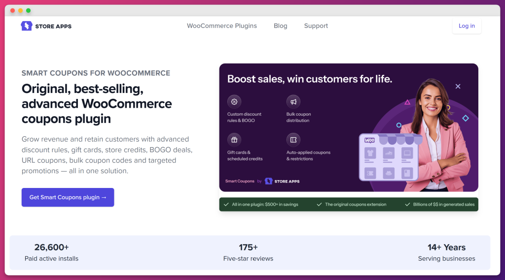StoreApps Smart Coupons for WooCommerce homepage with feature overview