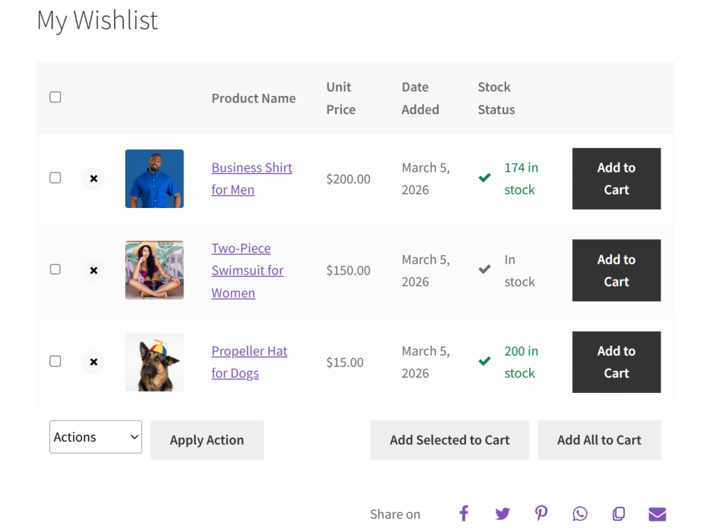 E-commerce wishlist page showing three products — men's business shirt, women's two-piece swimsuit, and dog propeller hat — with prices and Add to Cart buttons.