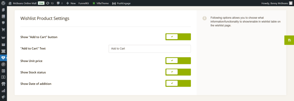 WordPress admin 'Wishlist Product Settings' screen showing toggles and input for Add to Cart text, with green enabled switches.