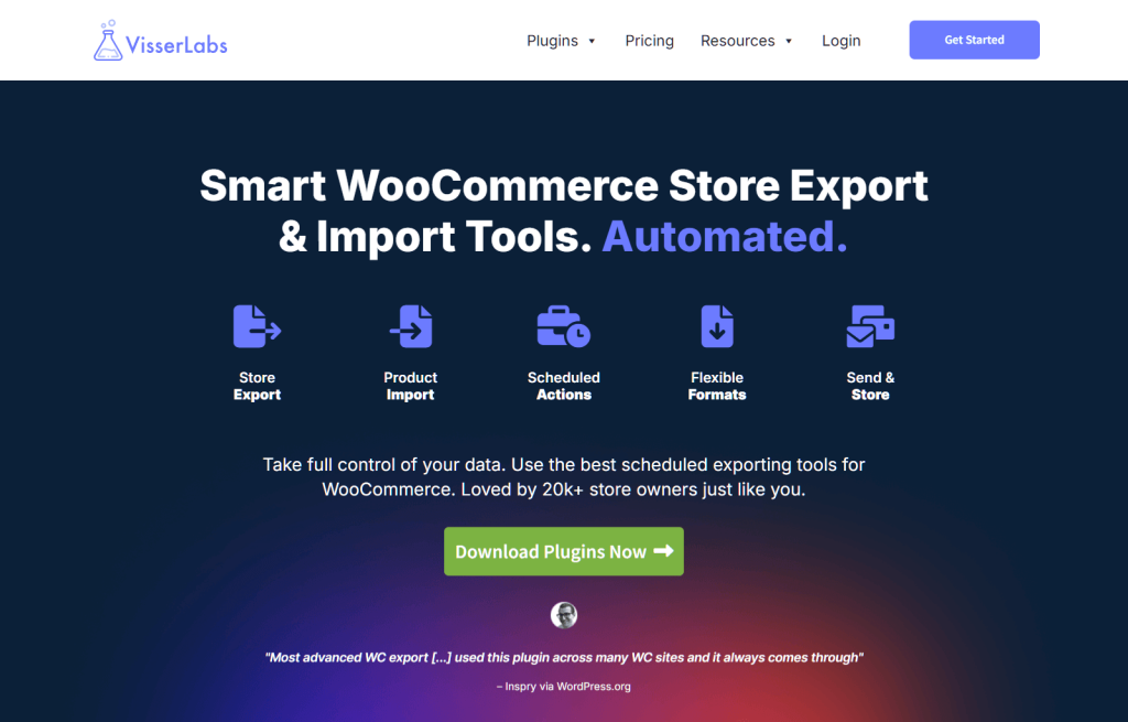 VisserLabs website hero showcasing automated WooCommerce store export and import tools with icons, dark gradient background and prominent download button.