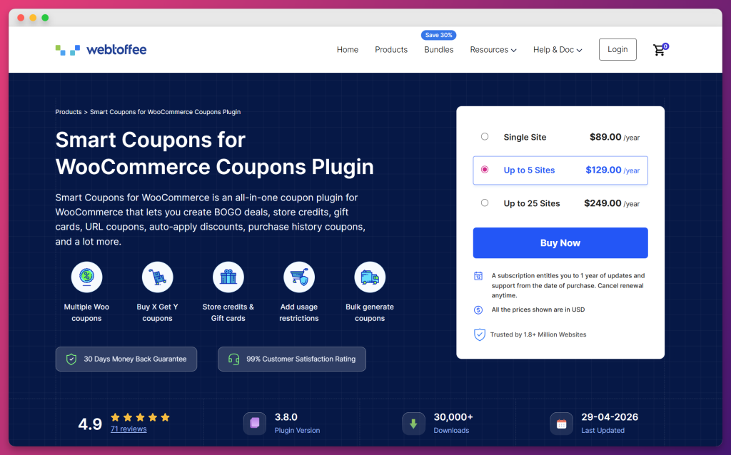 WebToffee Smart Coupons product page showing features and pricing