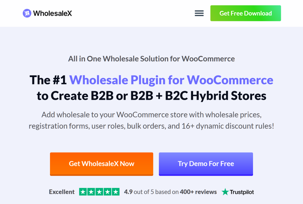 WholesaleX WooCommerce B2B plugin homepage showing all-in-one wholesale features
