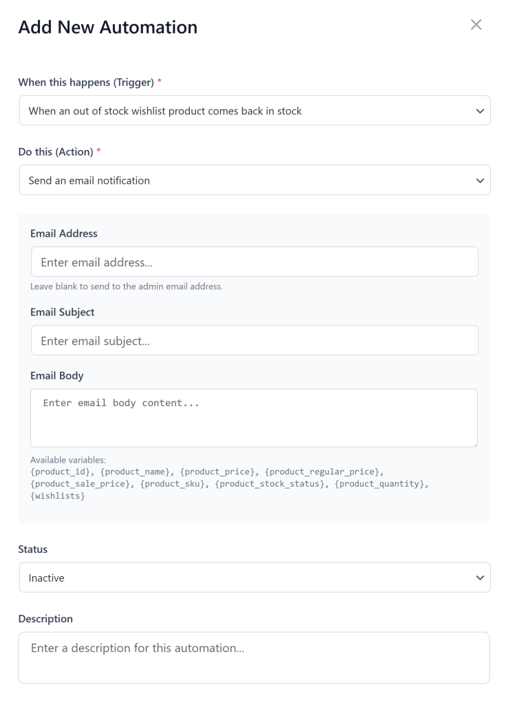 Dashboard form for adding a new automation that emails users when a wishlist product comes back in stock, showing email fields.