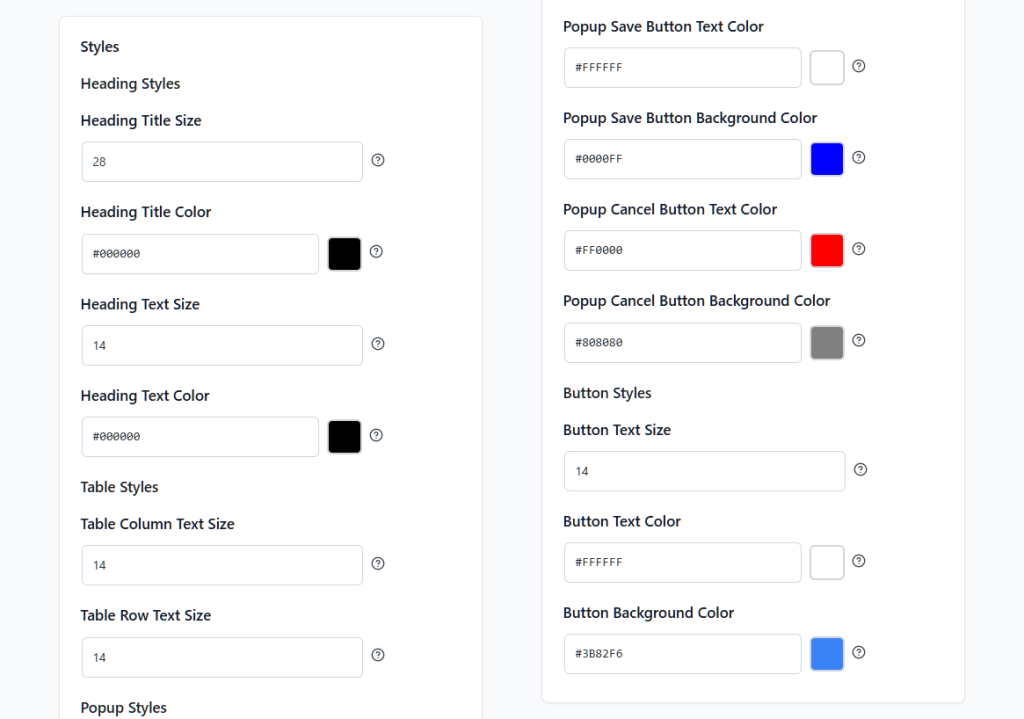 Two-column settings panel showing style controls — heading, table, popup and button sizes and color pickers with blue and red buttons.