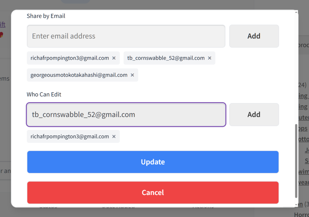 Modal 'Share by Email' dialog showing multiple recipient email chips and editor permissions, with prominent Update (blue) and Cancel (red) buttons.