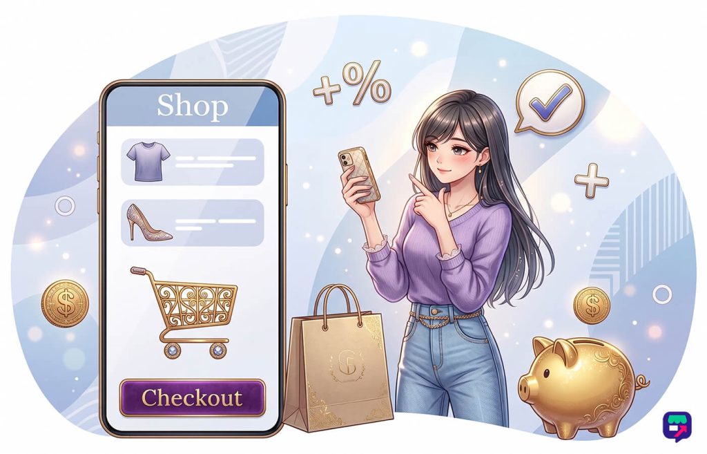 woocommerce-checkout-optimization-1 - Store Owner Tips Young woman browsing a mobile shopping app on her smartphone, contemplating checkout amidst shopping bag, coins, and a decorative piggy bank.