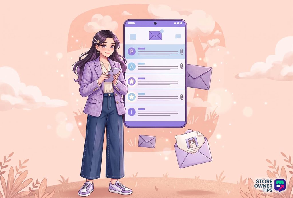 woocommerce-checkout-optimization-2 - Store Owner Tips Young woman in a purple blazer checks messages on her phone beside an oversized smartphone display, surrounded by floating envelopes and pastel scenery.