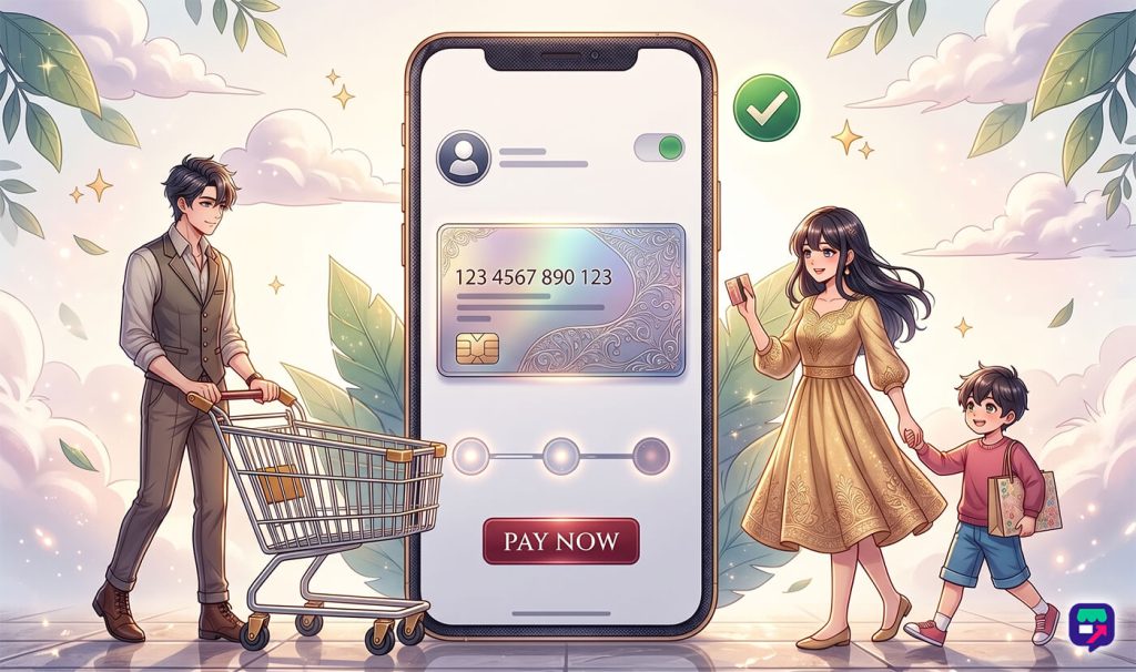 woocommerce-checkout-optimization-3 - Store Owner Tips A smiling family shops as a large smartphone displays a credit card and 'Pay Now' button, evoking convenient, pastel-toned mobile payments.