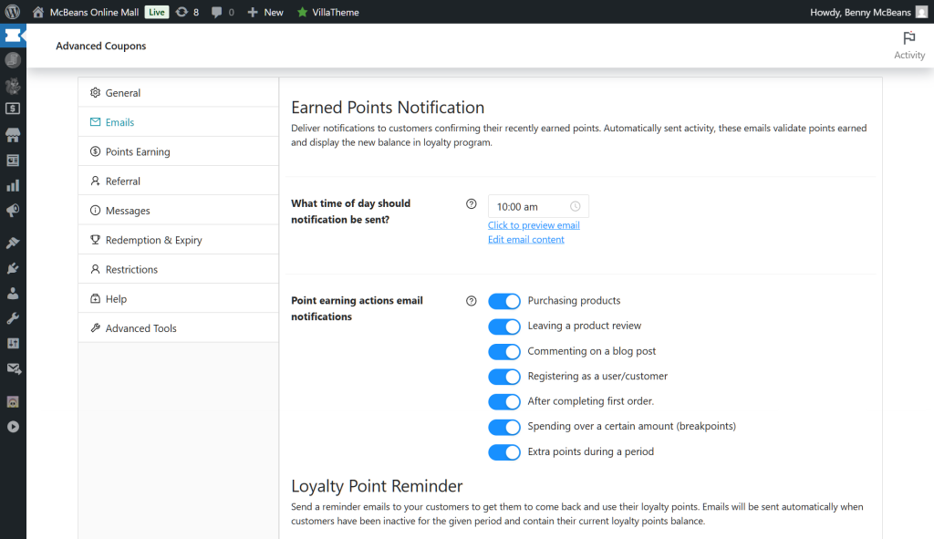 WordPress Advanced Coupons settings screen showing Earned Points Notification options with blue toggles enabled and scheduled notification time at 10:00 am.